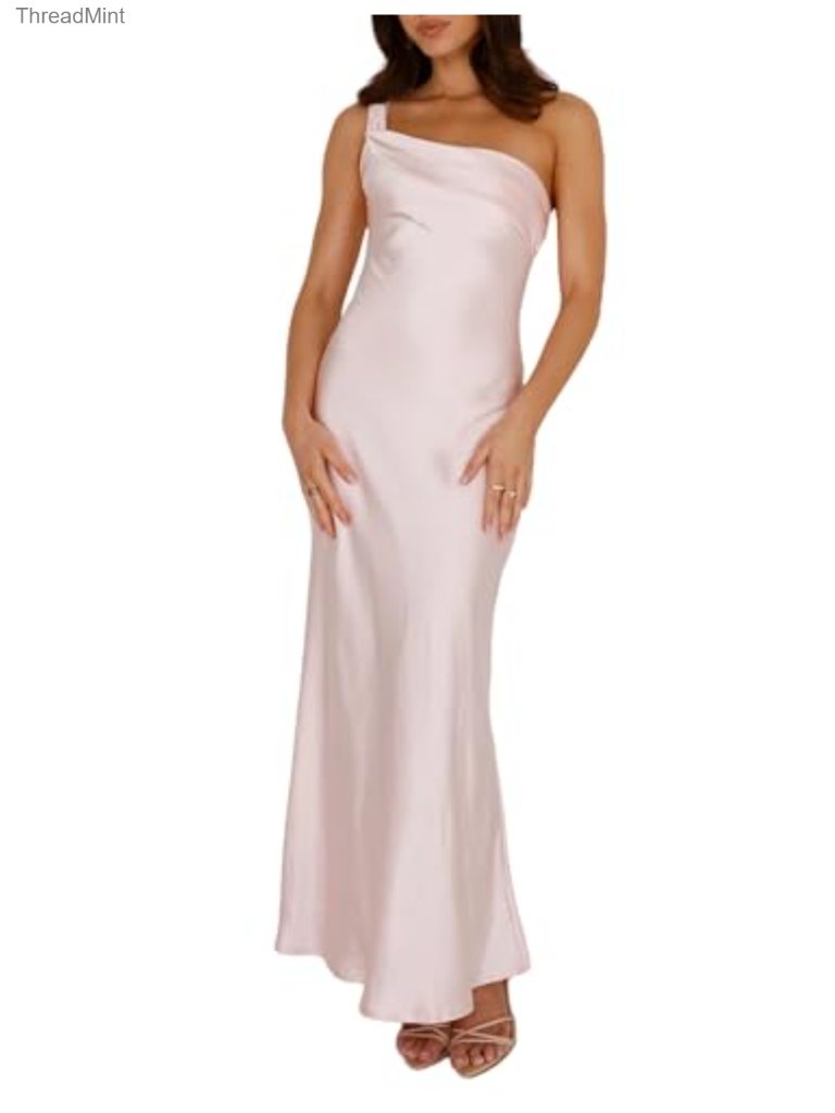 Satin One Shoulder Maxi Dress Backless Ruffle Sleeveless Formal Wedding Guest